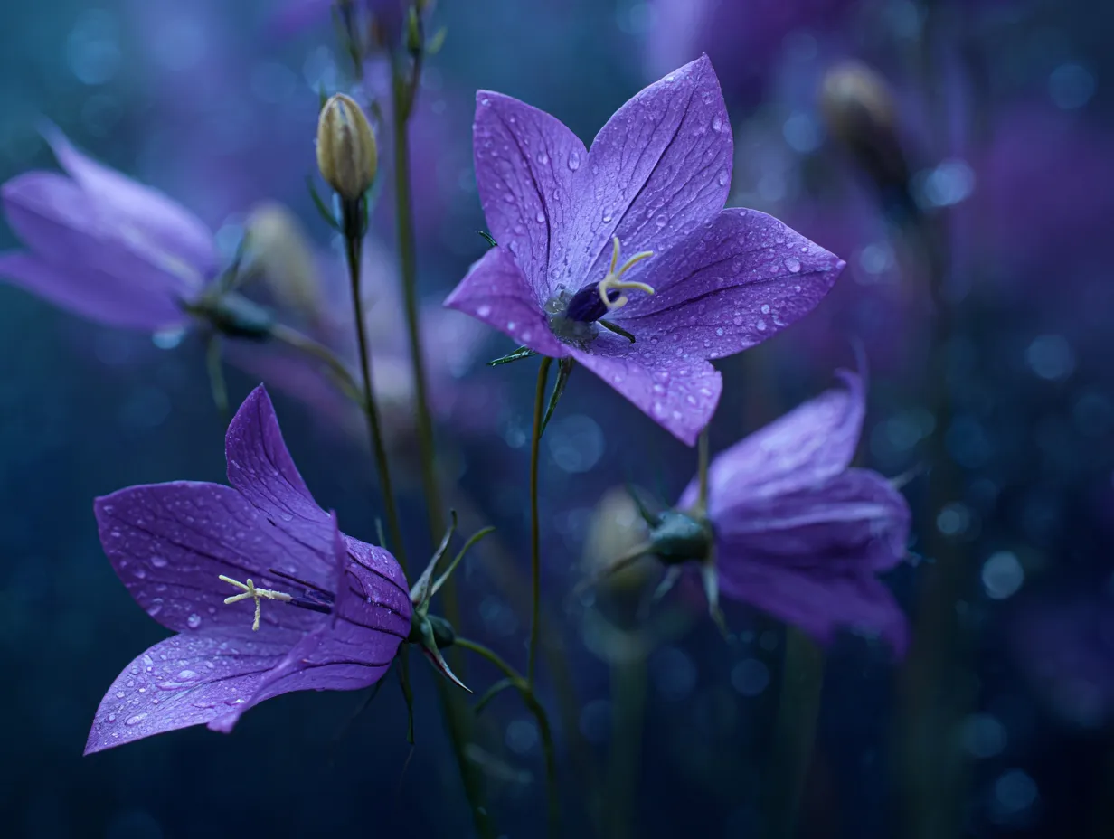 9月花写真×水滴と桔梗の群れ｜深い青の背景に濡れた桔梗の花が浮かび上がる幻想的な写真。水滴と光の反射が清涼感と神秘性を生み、静けさの中に息づく生命力を感じさせる。
