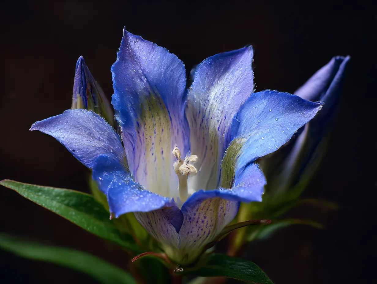 9月花写真×リンドウの接写構図｜暗背景に浮かぶリンドウのクローズアップ写真。花びらの細部や質感が際立ち、繊細で透明感のある秋の美しさを緻密に映し出している。