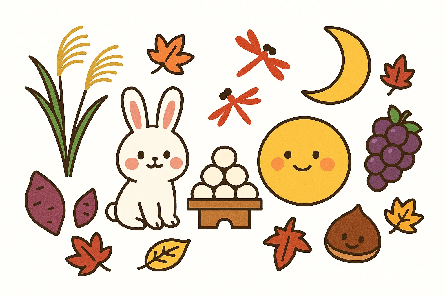 9月壁面_お月見うさぎと秋の実り｜お団子と満月、うさぎを中心に、ぶどうや紅葉、栗など秋の恵みをちりばめたデザイン。明るく素朴なタッチで、温かみのある秋の壁面にぴったりです。