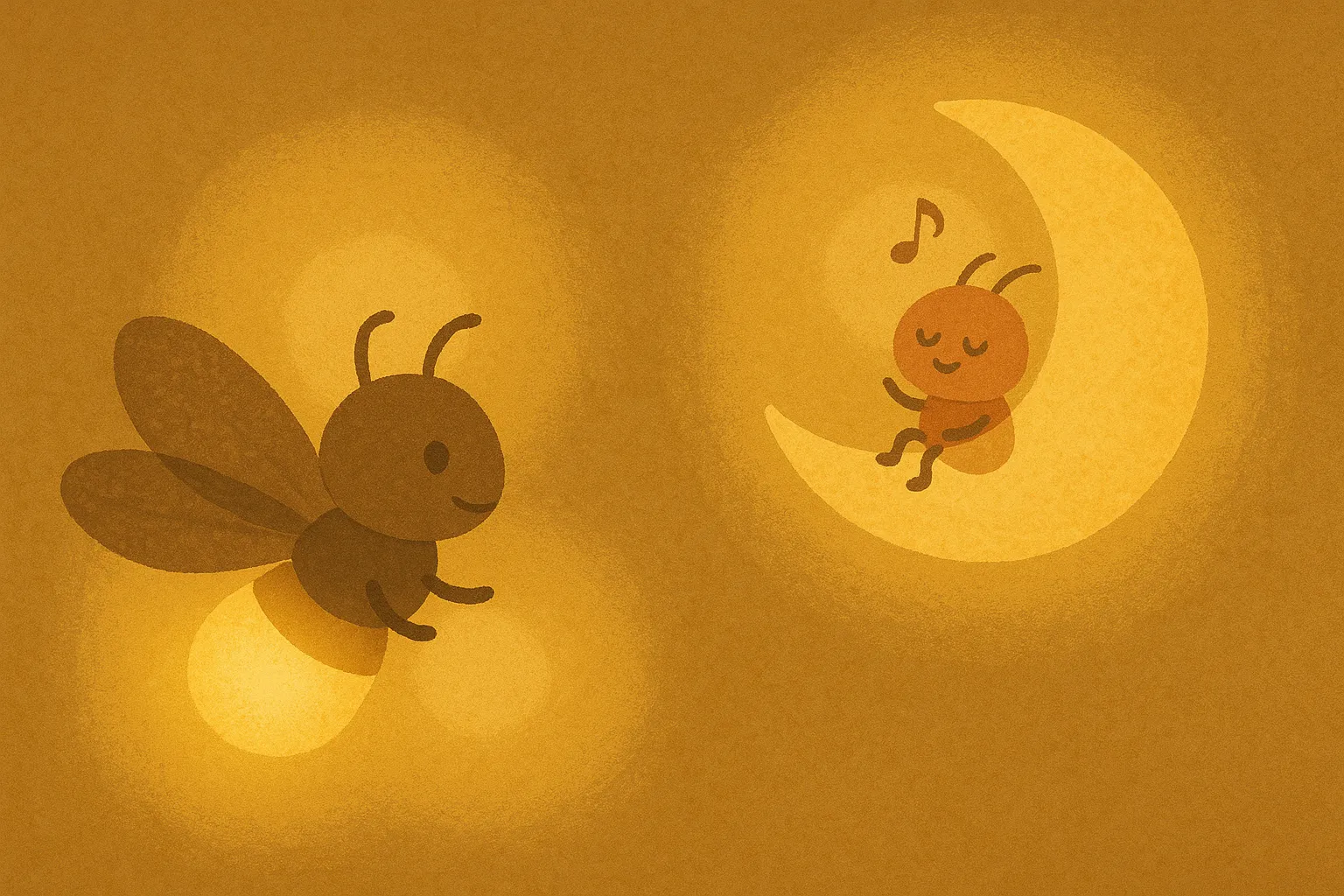 9月おしゃれ壁面_ほたると三日月の夜｜光を放つほたると三日月に座る虫のキャラが印象的な一枚。幻想的で静けさのある色づかいと構図が、夜の秋らしさとロマンチックな雰囲気を演出しています。