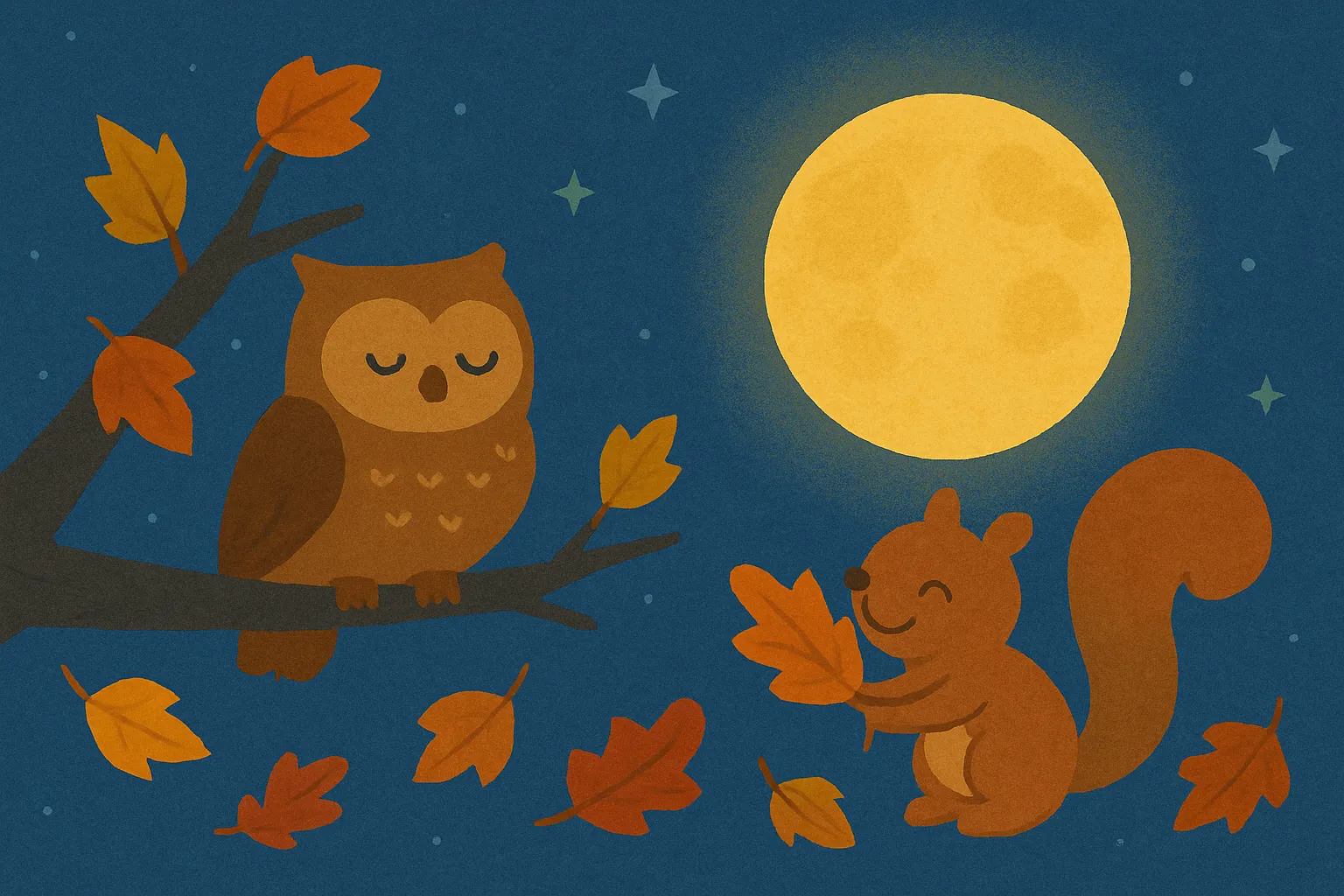 9月おしゃれ壁面_ふくろうと満月の夜空｜満月を背に眠るふくろうと落ち葉で遊ぶリスが描かれた、ナイトトーンの秋の森。深い青と暖色系の葉のコントラストが美しく、大人の空間にも映えるデザインです。