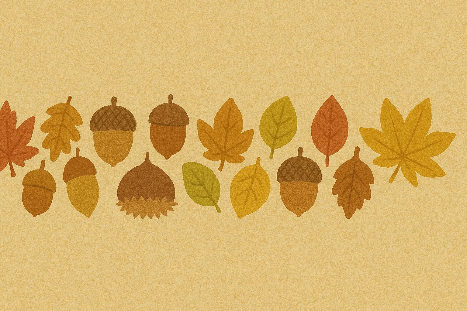 9月おしゃれ壁面_どんぐりと紅葉の列｜どんぐりや葉っぱを横一列に配したシンメトリーな構成。落ち着いた茶系と黄・赤の色調が調和し、ナチュラルで優しい空間づくりにぴったりなワンポイント素材です。