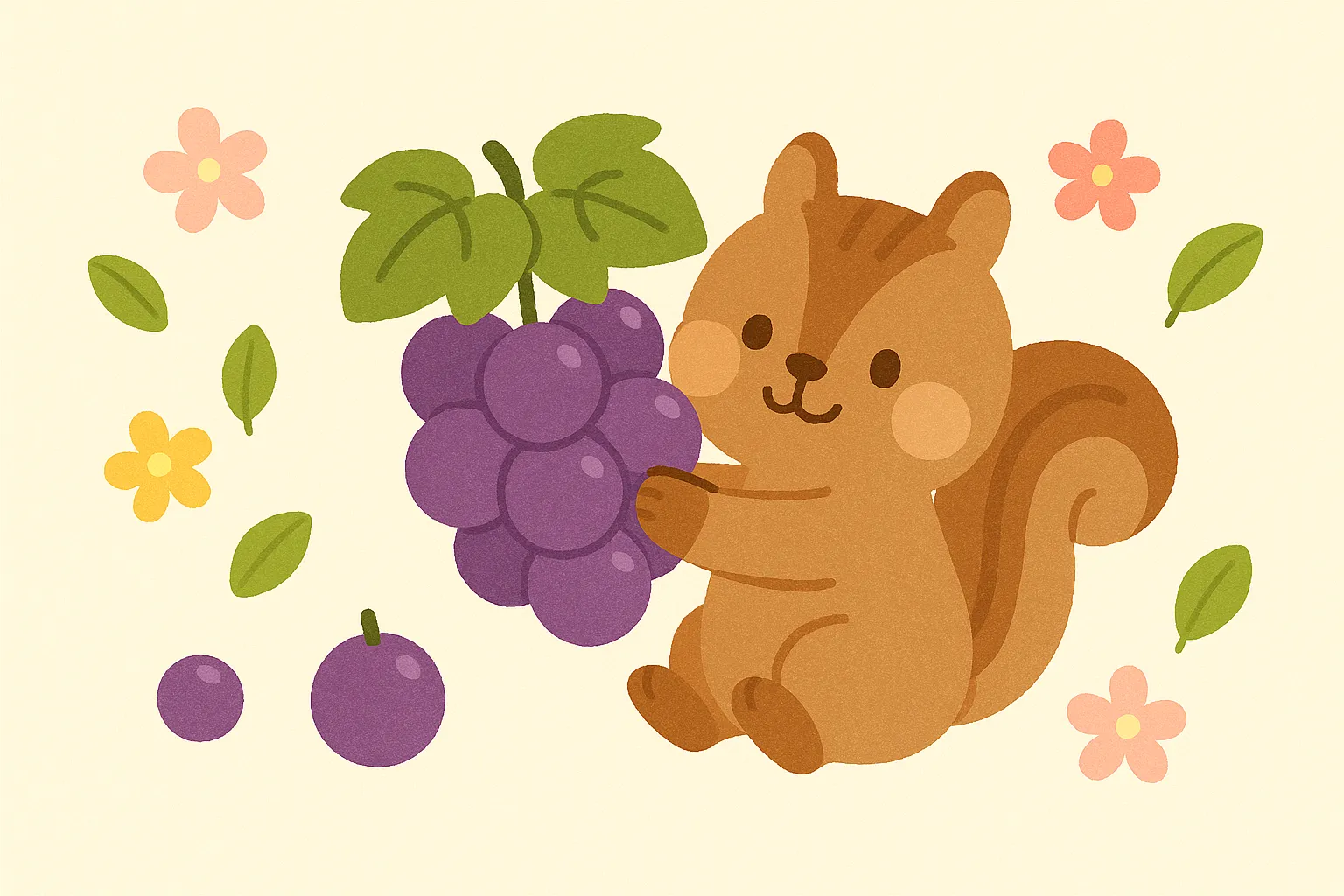 9月保育壁面_ぶどうとリスの秋味覚｜大きなぶどうを抱えるリスが主役のかわいらしいイラスト。明るいベージュ背景とやさしいタッチで、実りの秋を楽しく表現しています。
