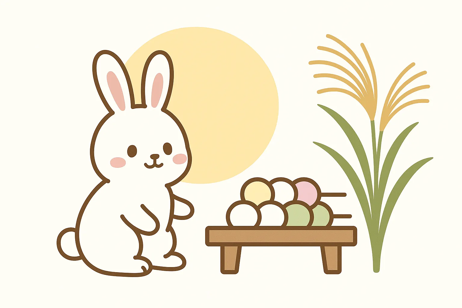 9月保育壁面_お団子うさぎとすすき｜お月見団子を前に座るうさぎとススキを添えた、柔らかい色調の構図。ピンクや緑のお団子がアクセントになり、子どもたちの目を引く楽しい演出です。