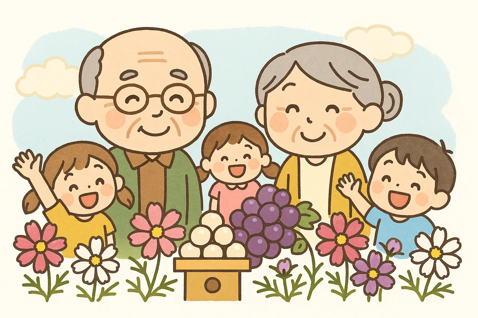 9月高齢者壁面_祖父母と孫と秋の実り｜おじいちゃんおばあちゃんと孫たちが満面の笑みで並び、ぶどうやお団子、秋の花が彩りを添える構図。ぬくもりある線と色合いで、季節の交流の温かさを表現しています。