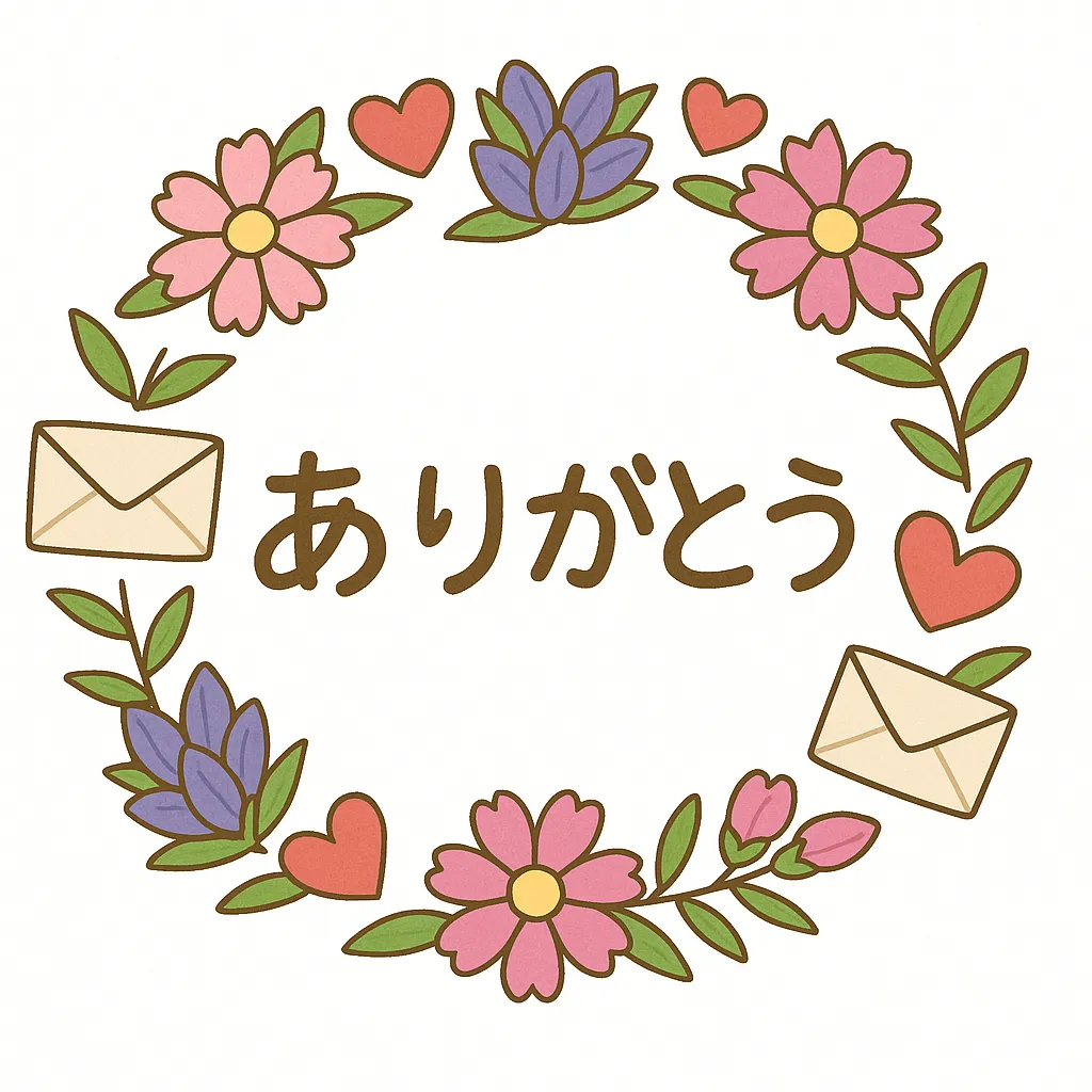 9月高齢者壁面_ありがとう花リース｜コスモスやリンドウ、封筒やハートが彩るリースの中央に「ありがとう」の文字。感謝の気持ちを包み込むような構図で、心あたたまる印象を与えます。