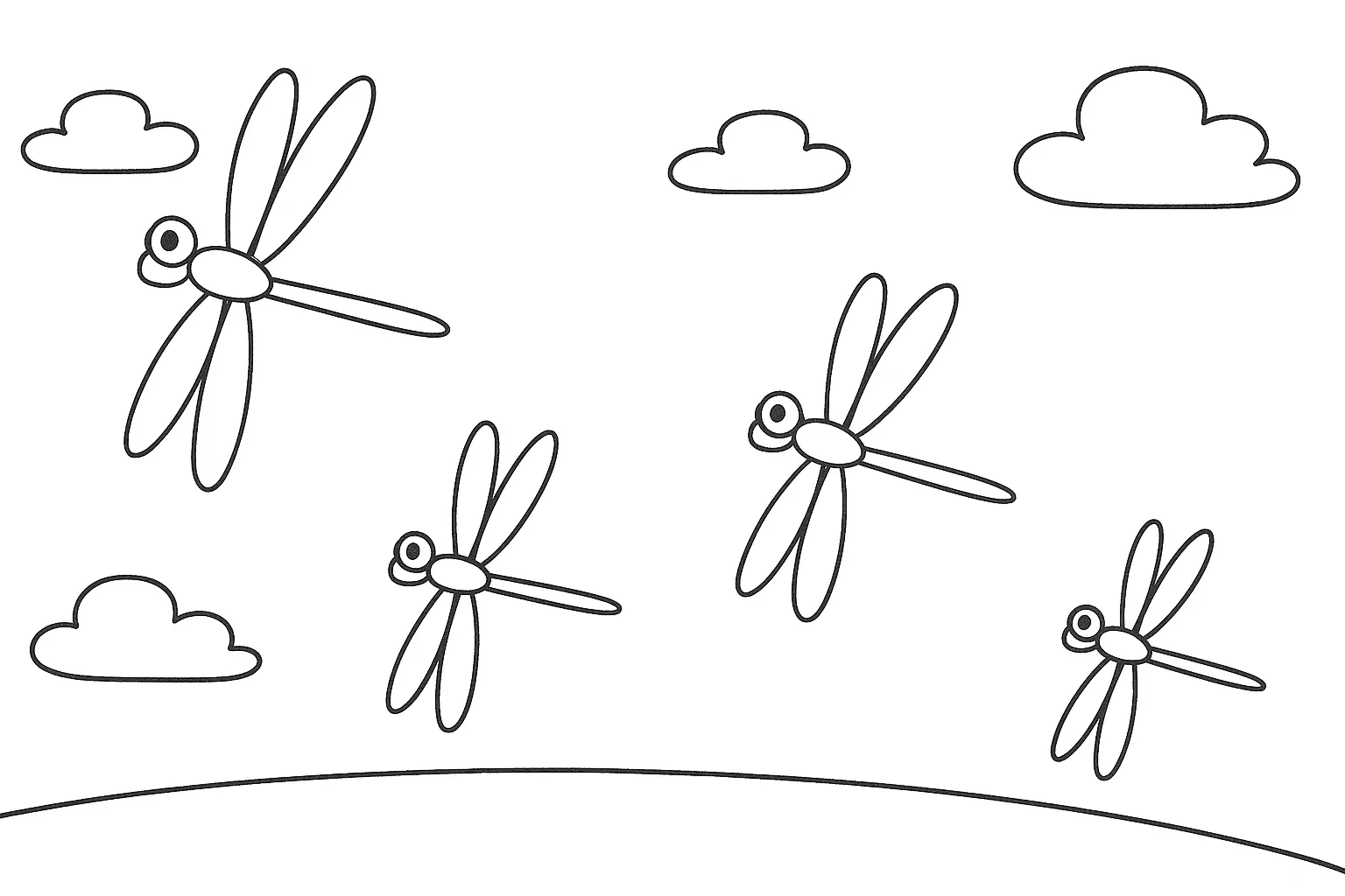 塗り絵9月　空を舞うトンボ｜秋空を背景にトンボが舞う様子を、シンプルでかわいらしいスタイルで表現した塗り絵です。ゆるやかな輪郭が柔らかく優しい印象を与えます。