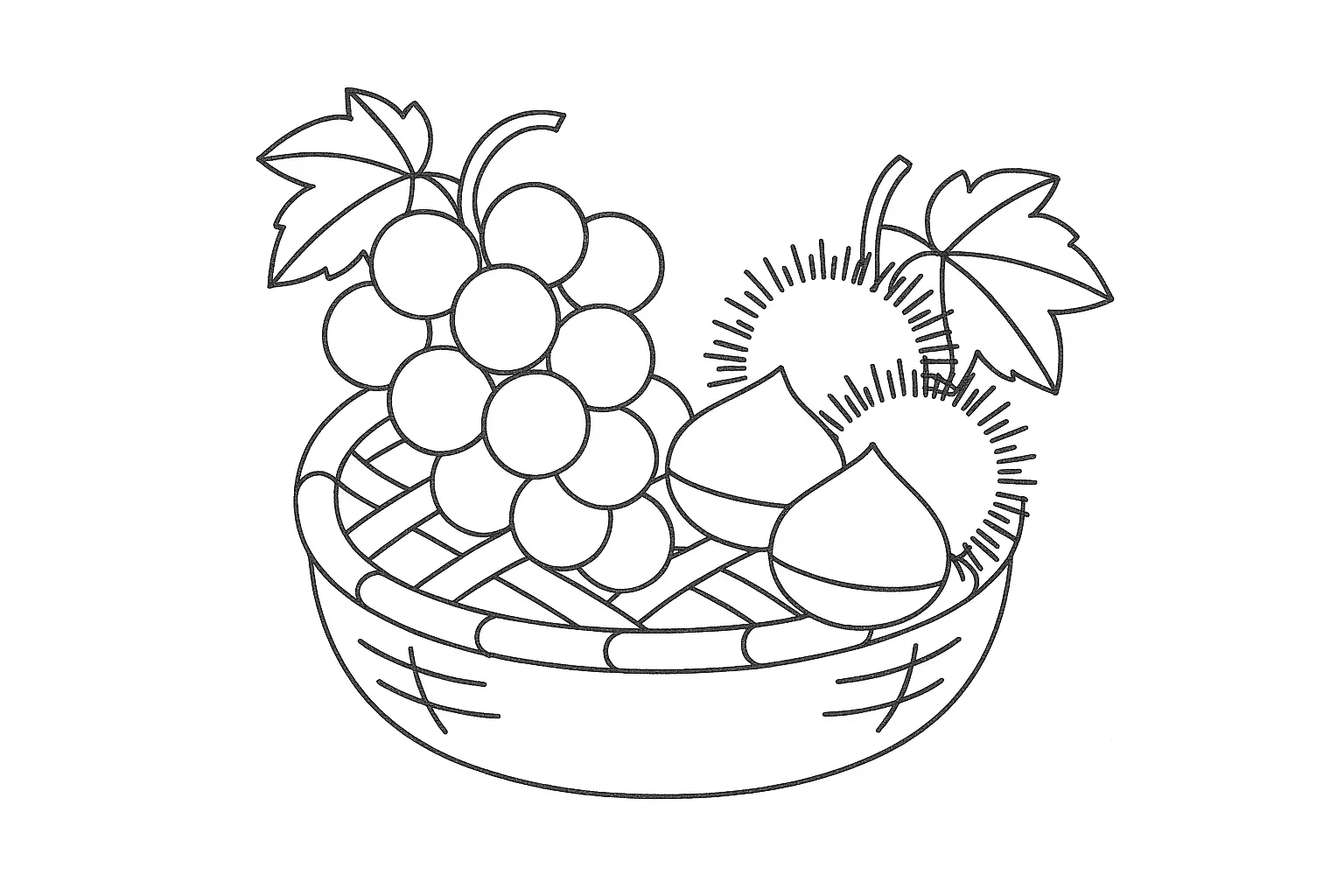 塗り絵9月　ぶどうと栗の盛りかご｜ぶどうと栗を竹籠に盛った秋の味覚が主役の塗り絵です。輪郭がはっきりしていて塗りやすく、豊かな秋を感じさせる構図です。