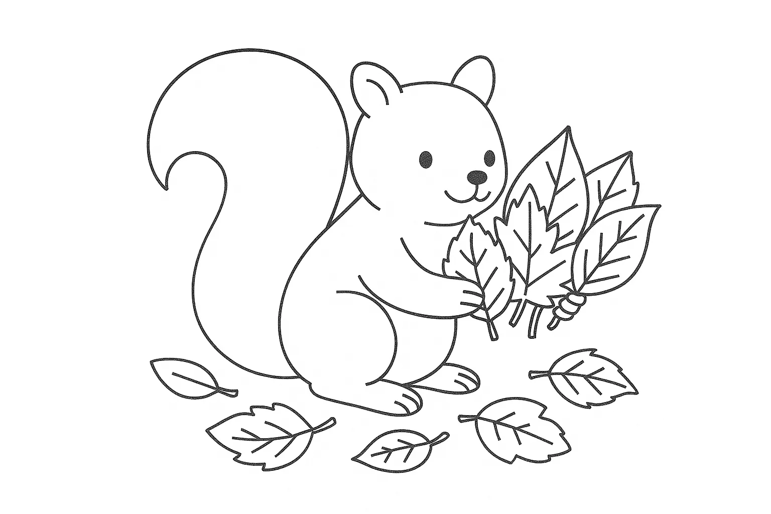塗り絵9月　リスと落ち葉あそび｜リスが落ち葉を抱える姿が愛らしい塗り絵です。キャラクターの表情がやわらかく、線も滑らかで、幼児にも塗りやすいデザインになっています。