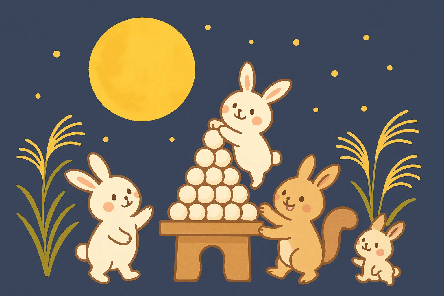 かわいいお月見　団子を積むうさぎたち｜満月の夜、団子を積み上げるうさぎたちの姿がほのぼのと描かれた一枚です。落ち着いた紺色の背景に、柔らかいパステル調の動物たちが映える、優しく温かな雰囲気のイラストです。