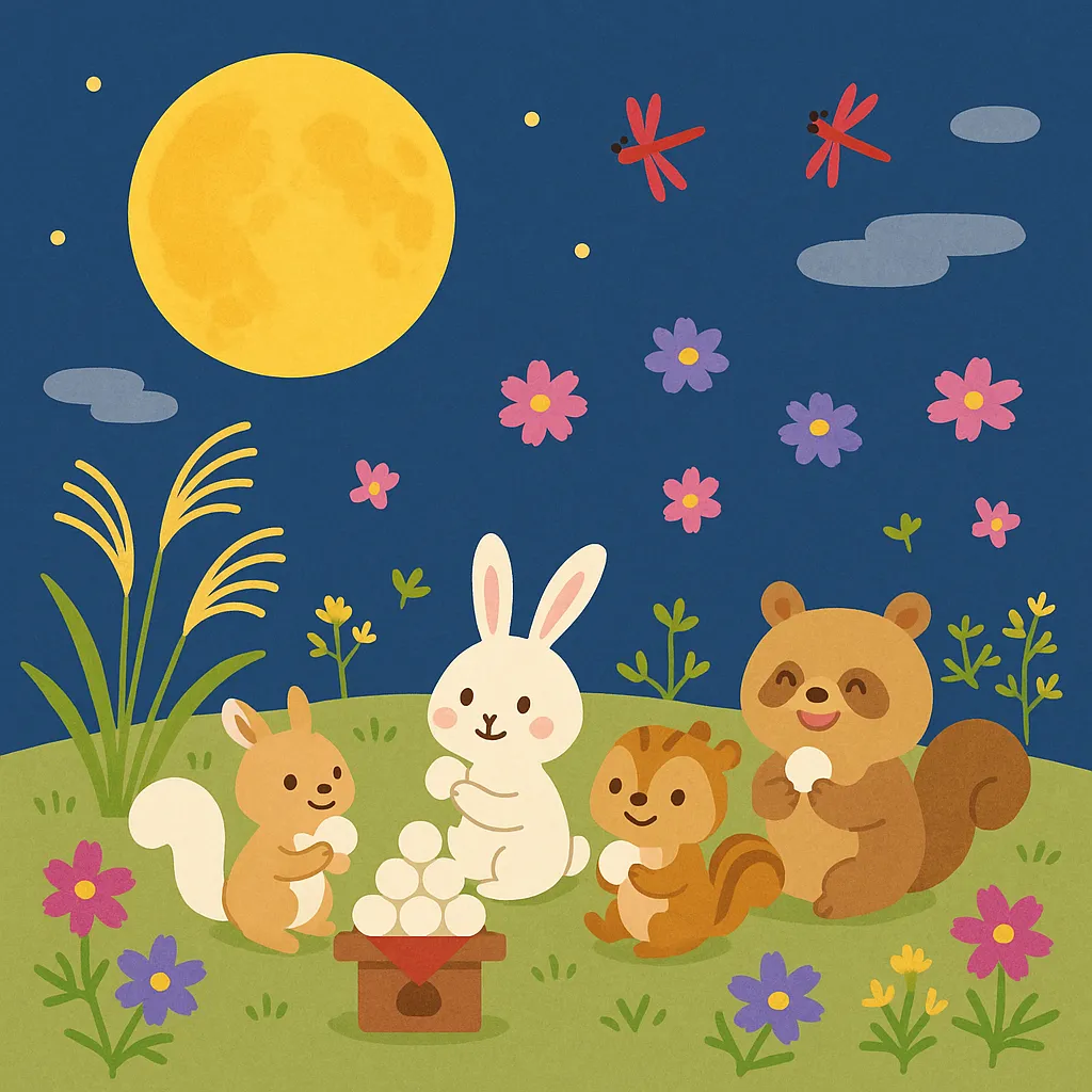 かわいいお月見　動物たちの月見団らん｜うさぎ、たぬき、りすたちが仲良く団子を囲むシーンが描かれた、にぎやかでかわいらしいイラストです。秋の花々や月夜のトンボも彩りを添える、にこやかで心あたたまる世界観です。