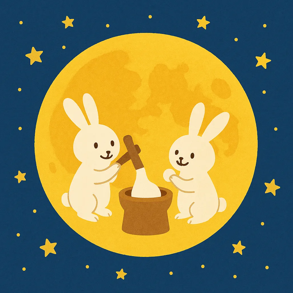 かわいいお月見　満月で餅つきするうさぎ｜大きな満月の中で餅つきをするうさぎがシンボリックに描かれた構図です。濃紺の夜空に星がちりばめられ、丸く明るい月とのコントラストが印象的な、幻想的で夢のあるイラストです。