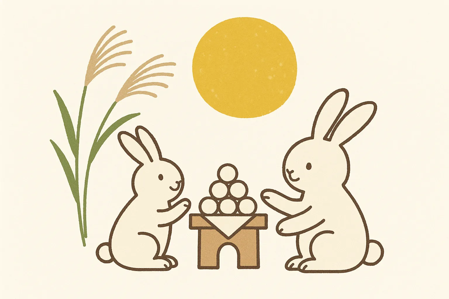手書きお月見　うさぎと団子とすすき｜やわらかな線とシンプルな配色で、うさぎたちが仲良く月見団子を囲む様子を描いたイラストです。生成りの背景と手描き感のあるタッチが温もりを感じさせます。