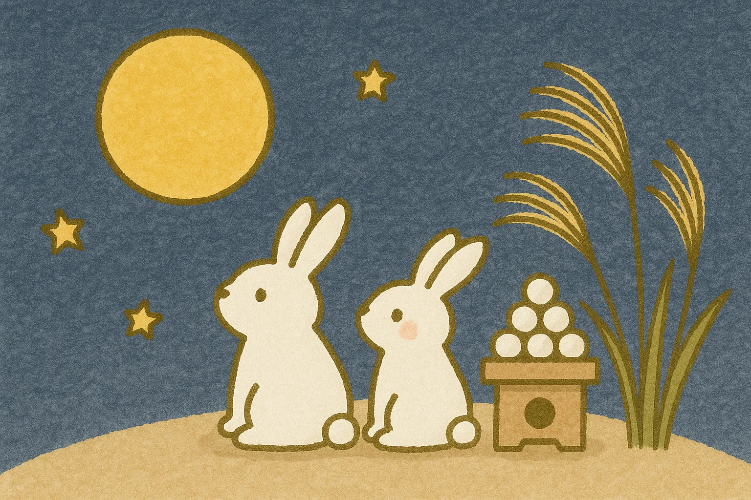 手書きお月見　満月をながめるうさぎたち｜青みがかった夜空と生成りのうさぎたちの対比が美しいイラストです。やわらかく落ち着いた風合いの中に、秋らしい静寂とぬくもりが丁寧に表現されています。