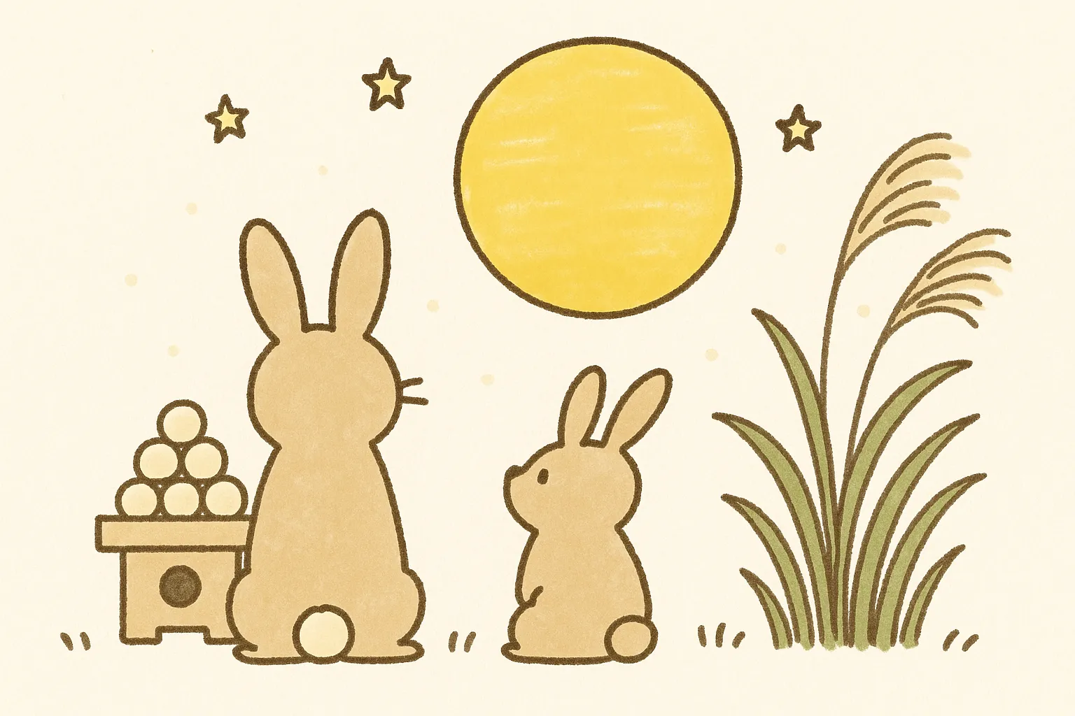 手書きお月見　うさぎ親子の月夜の眺め｜やさしい色合いのうさぎの親子が並んで満月を見つめる、穏やかな構図です。全体にふんわりしたトーンでまとめられ、優しさに満ちた秋の夜の雰囲気を伝えます。