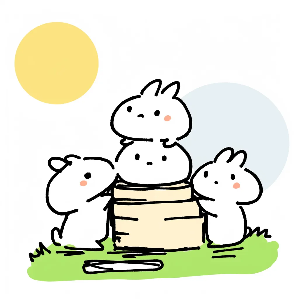 手書きお月見　だんご型うさぎの積み重ね｜団子のように丸くデフォルメされたうさぎたちが積み重なっている、遊び心のある構図です。明るい色調と手書き線の柔らかさが、ほのぼのとした世界観を醸し出します。