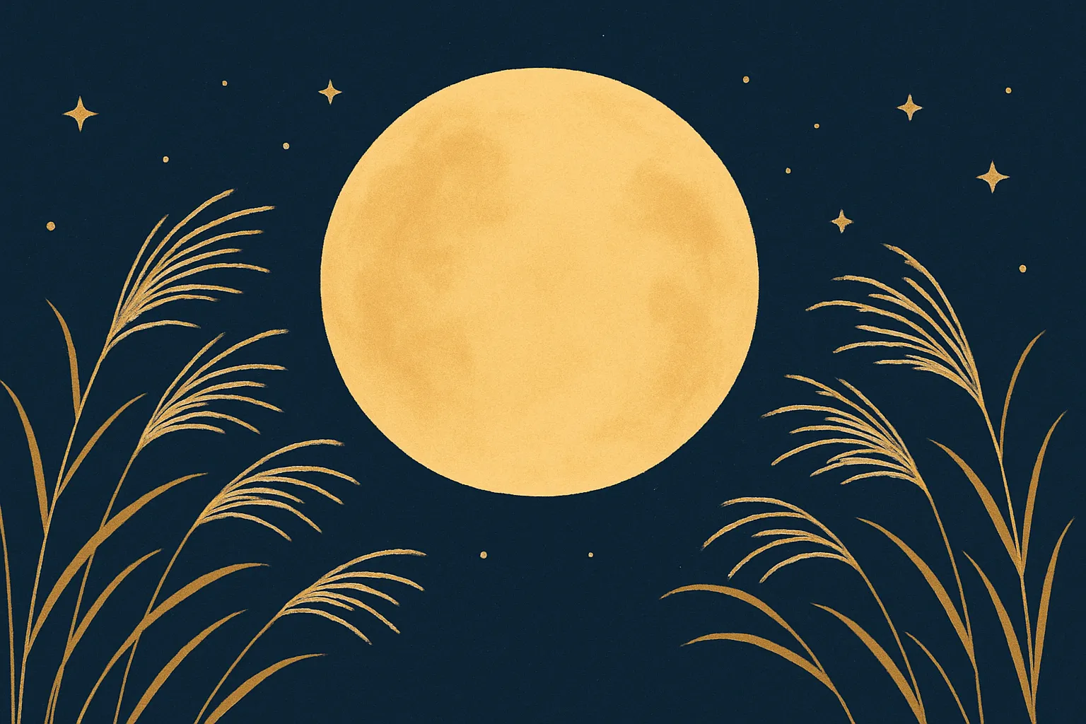 おしゃれお月見　満月と金のすすき｜夜空に浮かぶ満月と金色に輝くすすきが対称に配置された、おしゃれで静謐な構図。和紙風の質感と落ち着いた紺と金の配色が上品な雰囲気を醸し出しています。