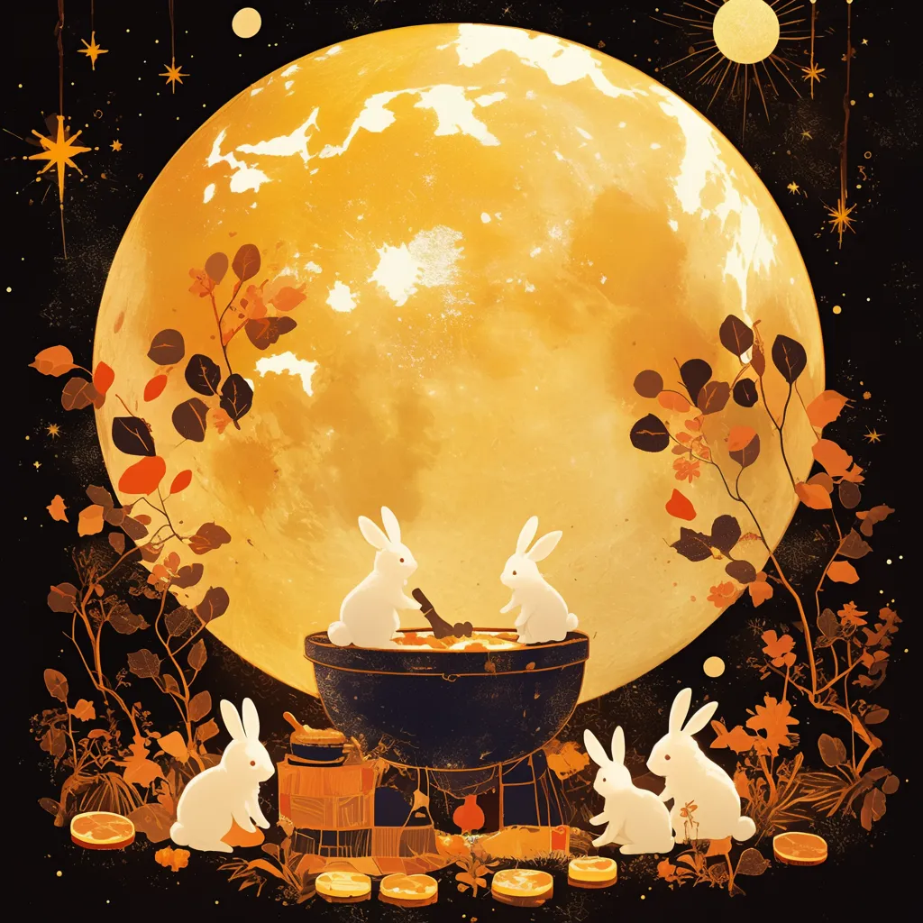 おしゃれお月見　幻想月と秋のうさぎたち｜大きな満月と秋の葉に囲まれ、うさぎたちが集う幻想的な一枚。金色を基調とした暖色トーンと繊細な植物描写が、ロマンティックでアート性の高い構図です。