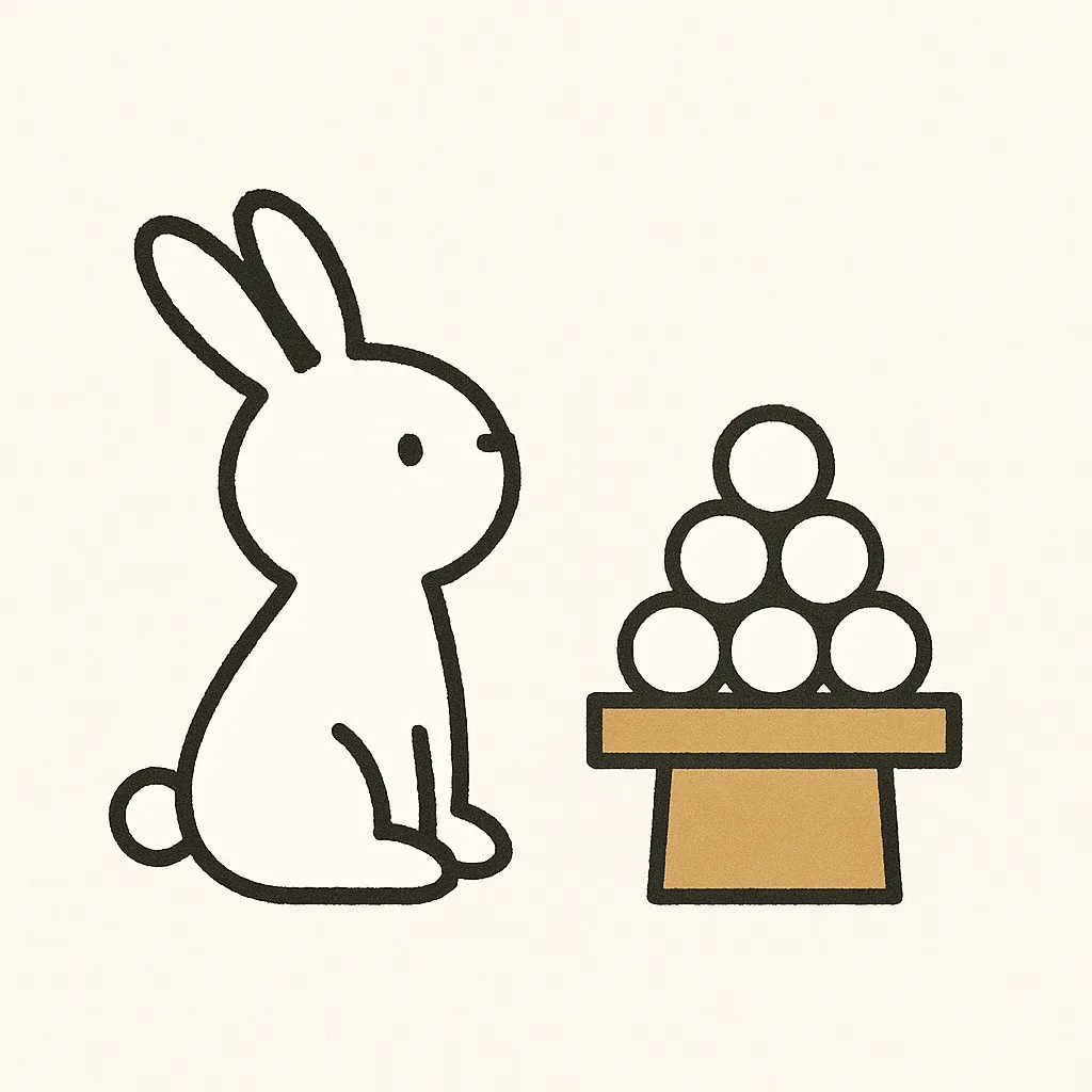 簡単シンプルお月見・うさぎと団子の構図｜うさぎと団子を最小限の線と色で描いた、かわいらしさとミニマルさが融合した構図。温かみのある線が親しみやすく、柔らかな印象を与えます。