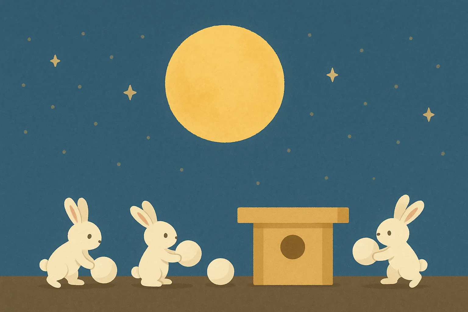 うさぎたちのお月見団子準備｜満月の夜、楽しそうに団子を運ぶうさぎたちの様子が愛らしく描かれたイラスト。物語性があり、ほのぼのとした温かみが伝わるデザインです。