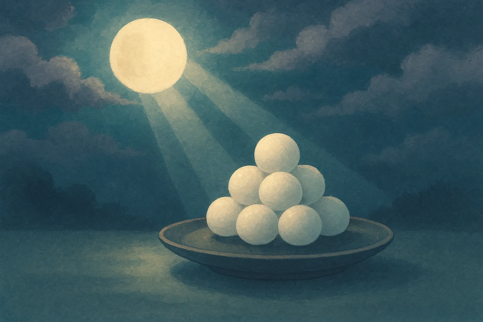 月光に照らされるお月見団子｜幻想的な夜空に月光が差し込む中、お皿に盛られたお月見団子が浮かび上がる静かな一枚。絵本のような優しい筆致が印象的です。