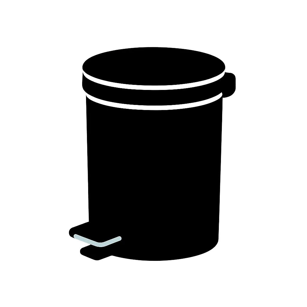 ゴミ箱・シルエット｜このデザインは黒いシルエットでフタ付きの円柱型ゴミ箱を描き、ペダル部分にあしらわれた青いラインがワンポイントカラーとして加えられています。白背景にしっかりと立つ輪郭が機能性と生活の整理整頓を際立たせ、青のアクセントが清潔感や現代的な空間との調和を象徴。日常の秩序を静かに支える一枚です。