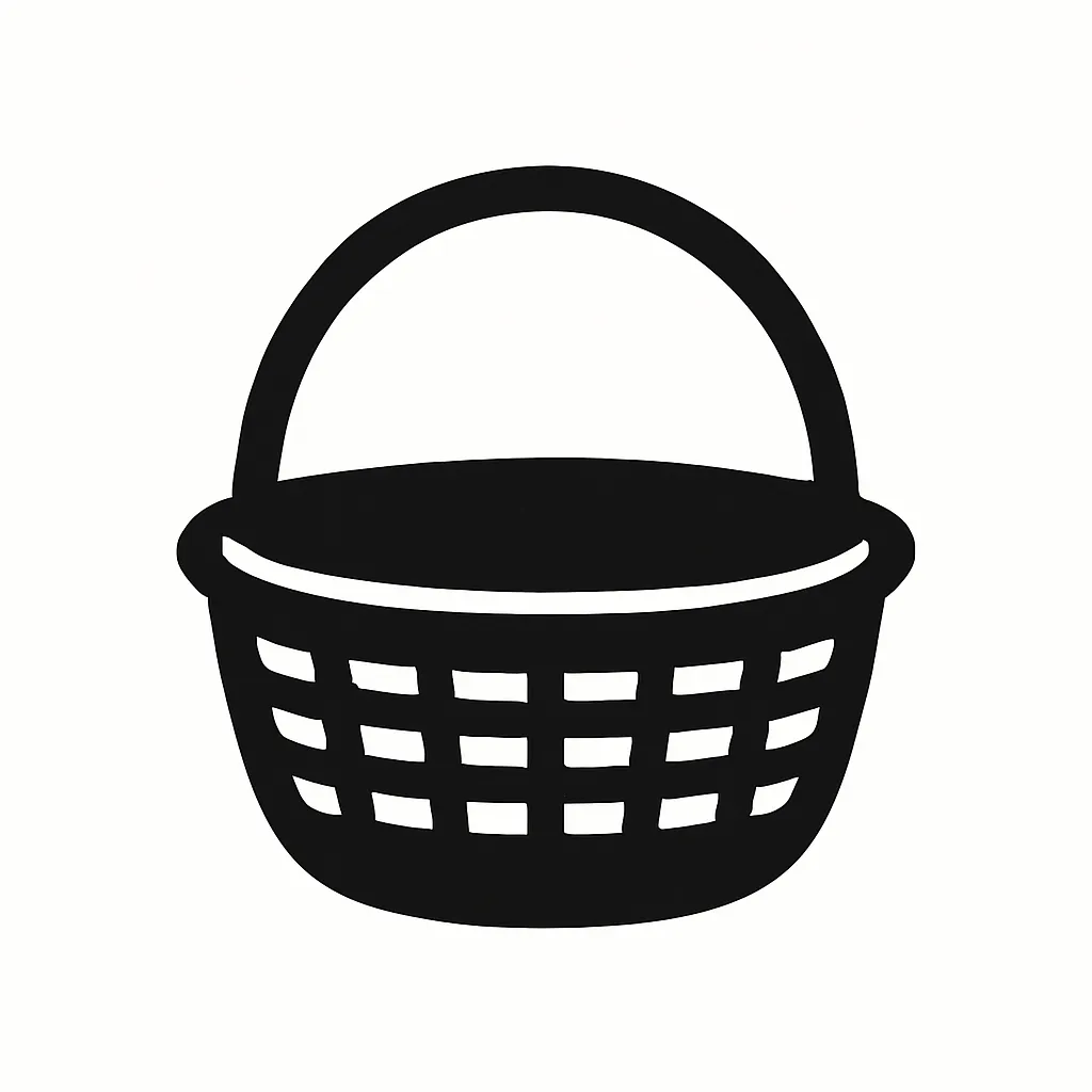 バスケットカゴの白黒シルエット収納アイコン｜丸みのある取っ手付きのバスケットカゴを黒シルエットで描き、収納の便利さと温もりある暮らしの風景をやさしく表現しています。