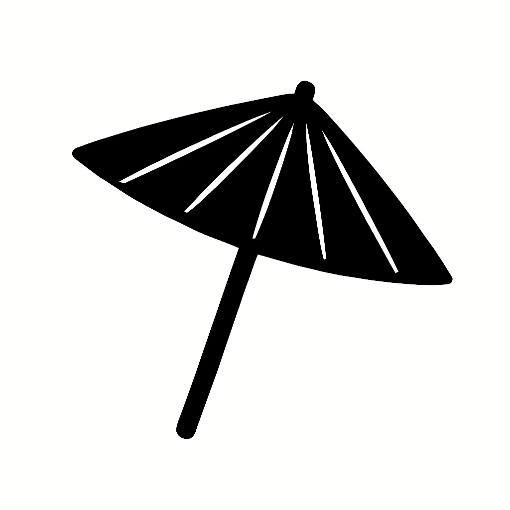和傘の白黒シルエット｜和装に似合う日本伝統の「和傘」のシルエットです。直線的な骨組みと低めの円錐形の傘面を取り入れ、上品で静かな印象に仕上げています。