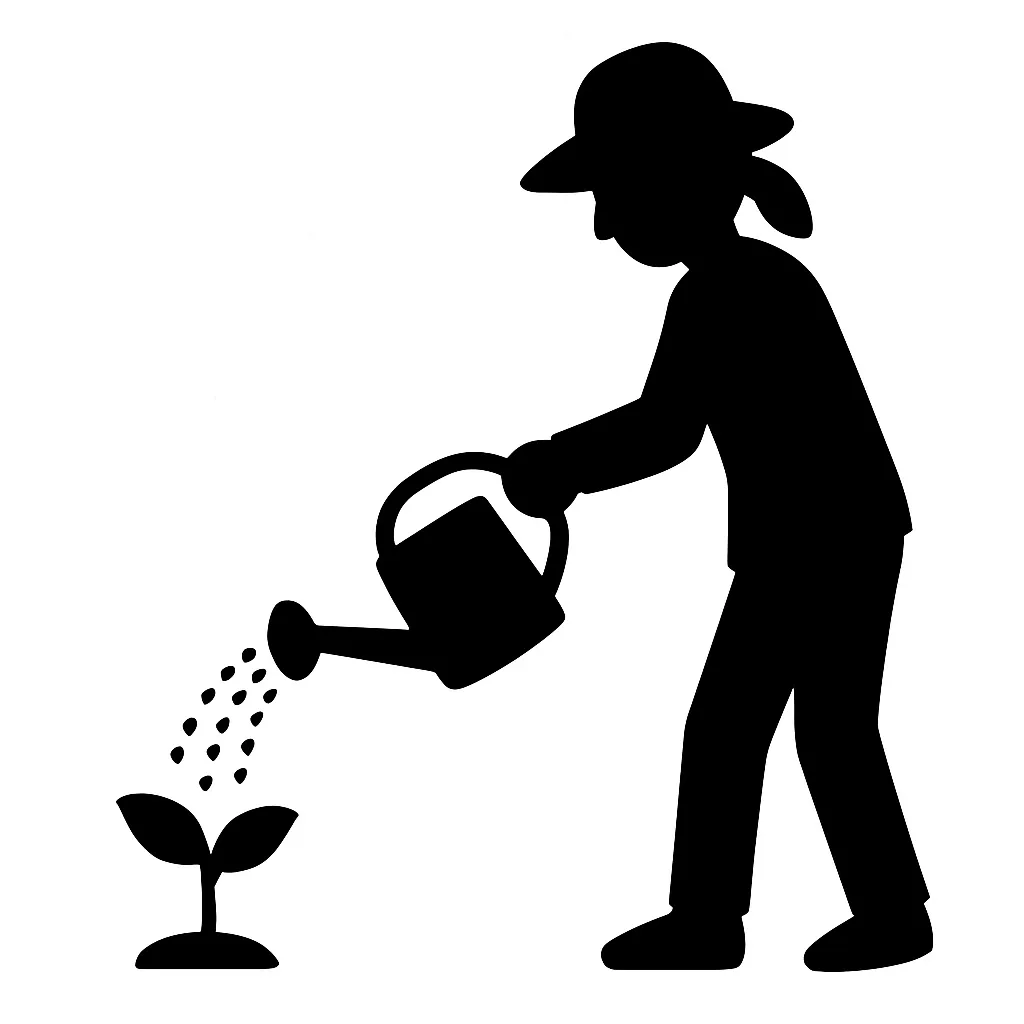 じょうろで水やりシルエット｜人物と道具、芽吹く植物が一体となり、流れるようなシルエットで構成された一枚。動作を通してテーマワードの意味合いを生き生きと伝えています。