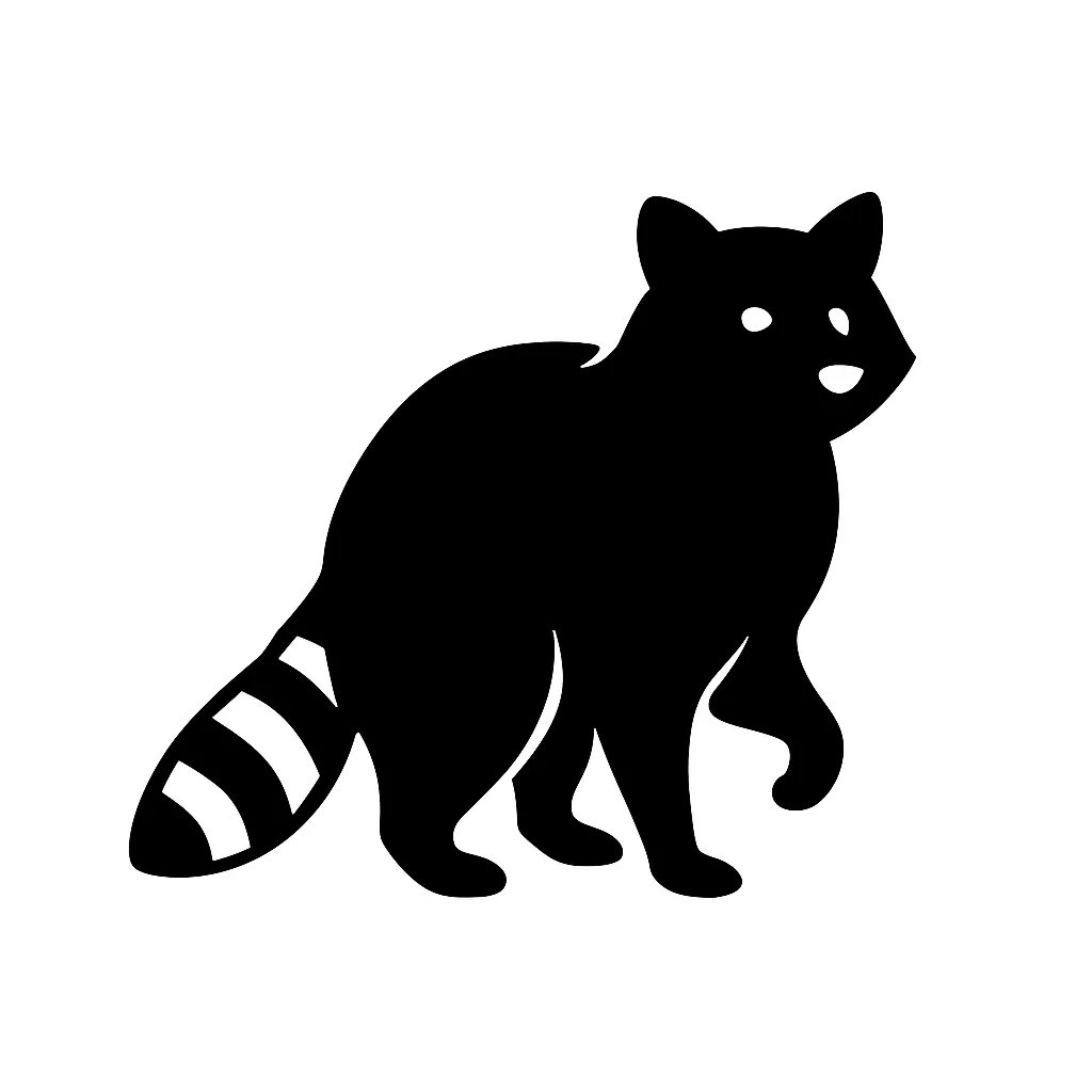しましっぽのアライグマの白黒シルエット｜しま模様の尾とくりっとした目元が印象的なアライグマのシルエットです。ちょっとおどけたような姿勢がかわいらしく、軽快な動きといたずら好きな性格を感じさせます。