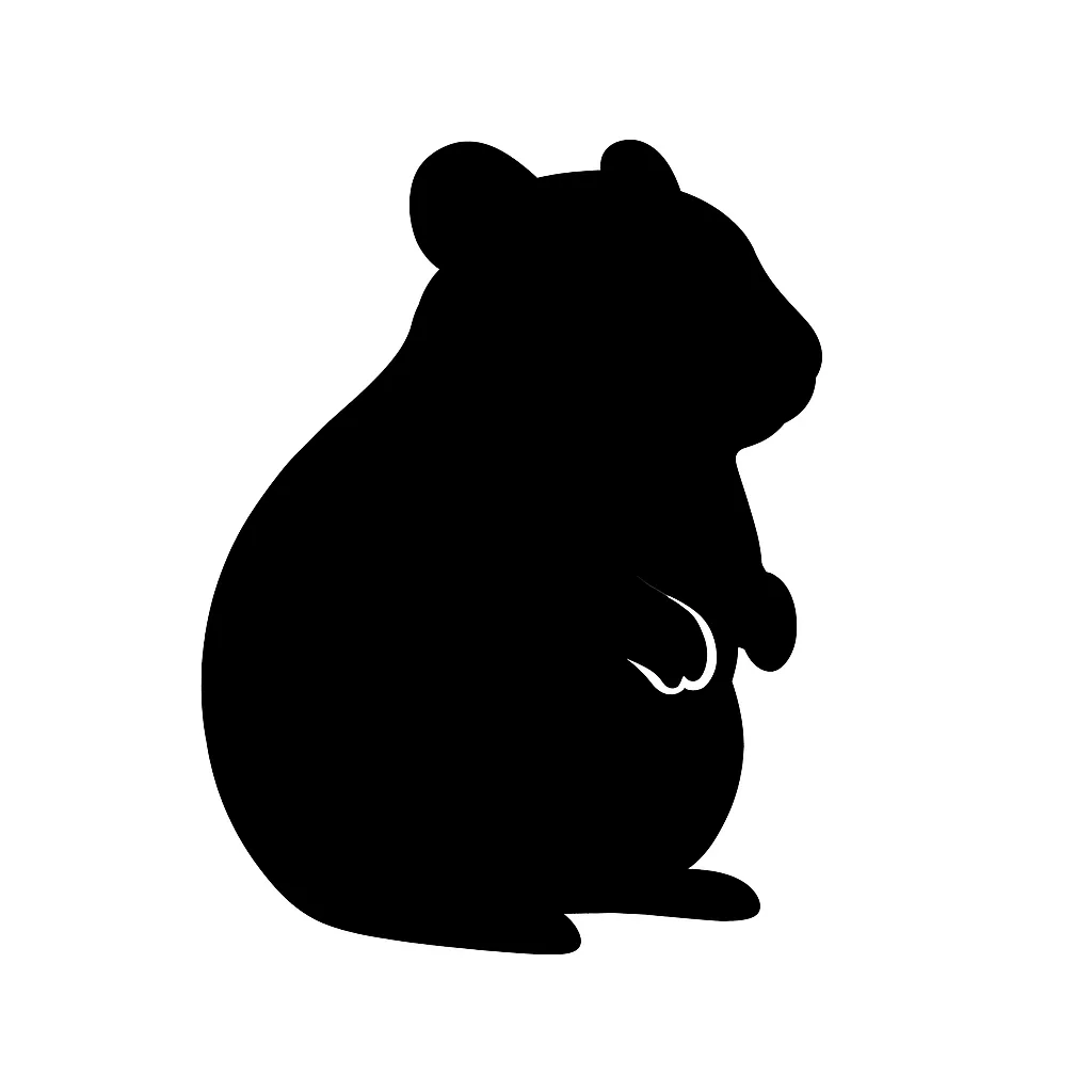 丸々としたハムスターの白黒シルエット｜ふっくらとした体型とちょこんと出た前足が愛らしいハムスターのシルエットです。やさしく丸めたフォルムが安心感を与え、手のひらサイズの温もりを連想させます。
