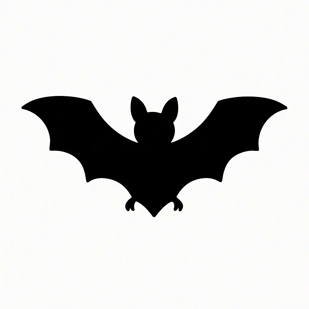 羽を広げたコウモリの白黒シルエット｜大きく広げた羽と特徴的な耳を持つコウモリのシルエットです。左右対称のバランスが美しく、夜の空を舞う幻想的な雰囲気を感じさせる構成に仕上がっています。