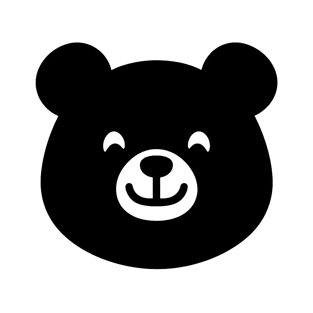 くまのかわいい白黒シルエット笑顔｜丸い耳とふっくら顔が愛らしいくま。やさしい笑顔をシンプルな形で表現し、安心感を与えるデザインです。