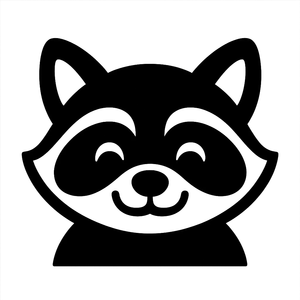 タヌキのかわいい白黒シルエット笑顔｜丸顔にくりっとした目が可愛いタヌキ。笑顔とやさしい輪郭で、親しみやすさを際立たせています。