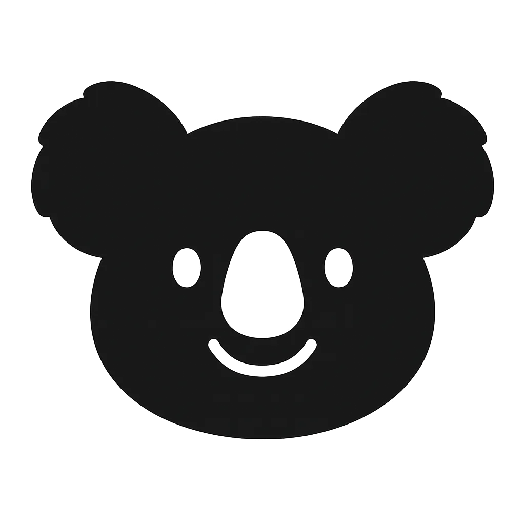 コアラのかわいい白黒シルエット笑顔｜大きな丸耳とやさしい目元が特徴のコアラ。ふっくらとした輪郭に笑顔を添えて、癒しの表情に仕上げました。