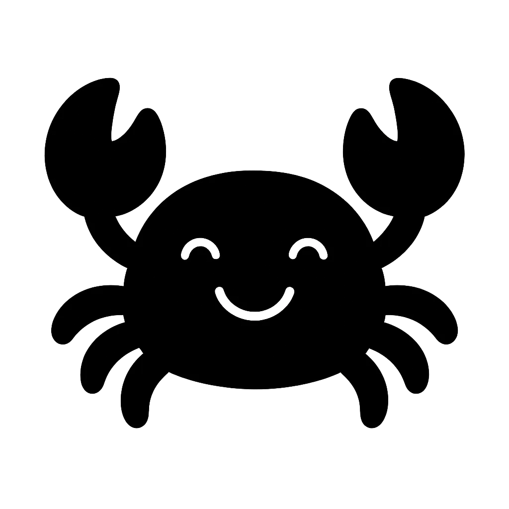 カニのかわいい白黒シルエット笑顔｜丸い顔とちょこんとしたハサミが愛らしいカニ。親しみやすい笑顔で、海辺の仲間をシンプルに描きました。