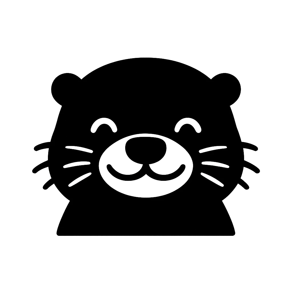 カワウソのかわいい白黒シルエット笑顔｜まるい顔と愛らしいひげが特徴のカワウソ。笑顔とふんわりとしたフォルムで、癒し系の存在を表現しました。