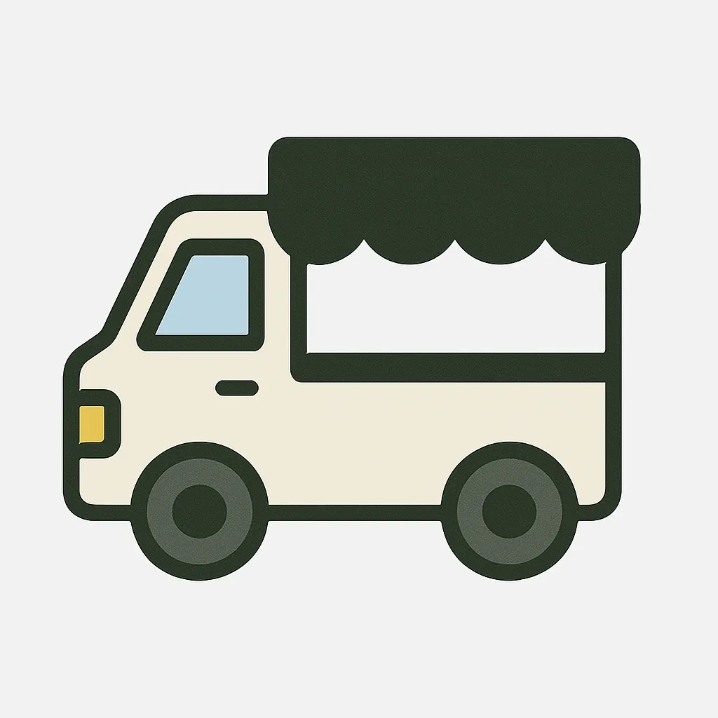 シンプルおしゃれなキッチンカー（白背景）        ｜クリーム色の車体と黒い屋根が印象的なミニマルなキッチンカー。出店やイベント、食べ物テーマの紙面・グッズにぴったりの親しみやすいデザイン。