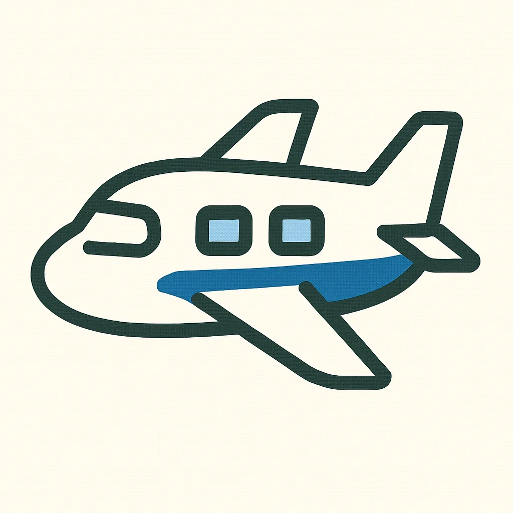 シンプルおしゃれな飛行機（タイヤなし）        ｜タイヤを省略した滑らかなシルエットの飛行機。白い機体に青いラインと黒い輪郭が映え、旅行や空のイメージ素材にぴったりのスッキリとしたミニマルデザイン。
