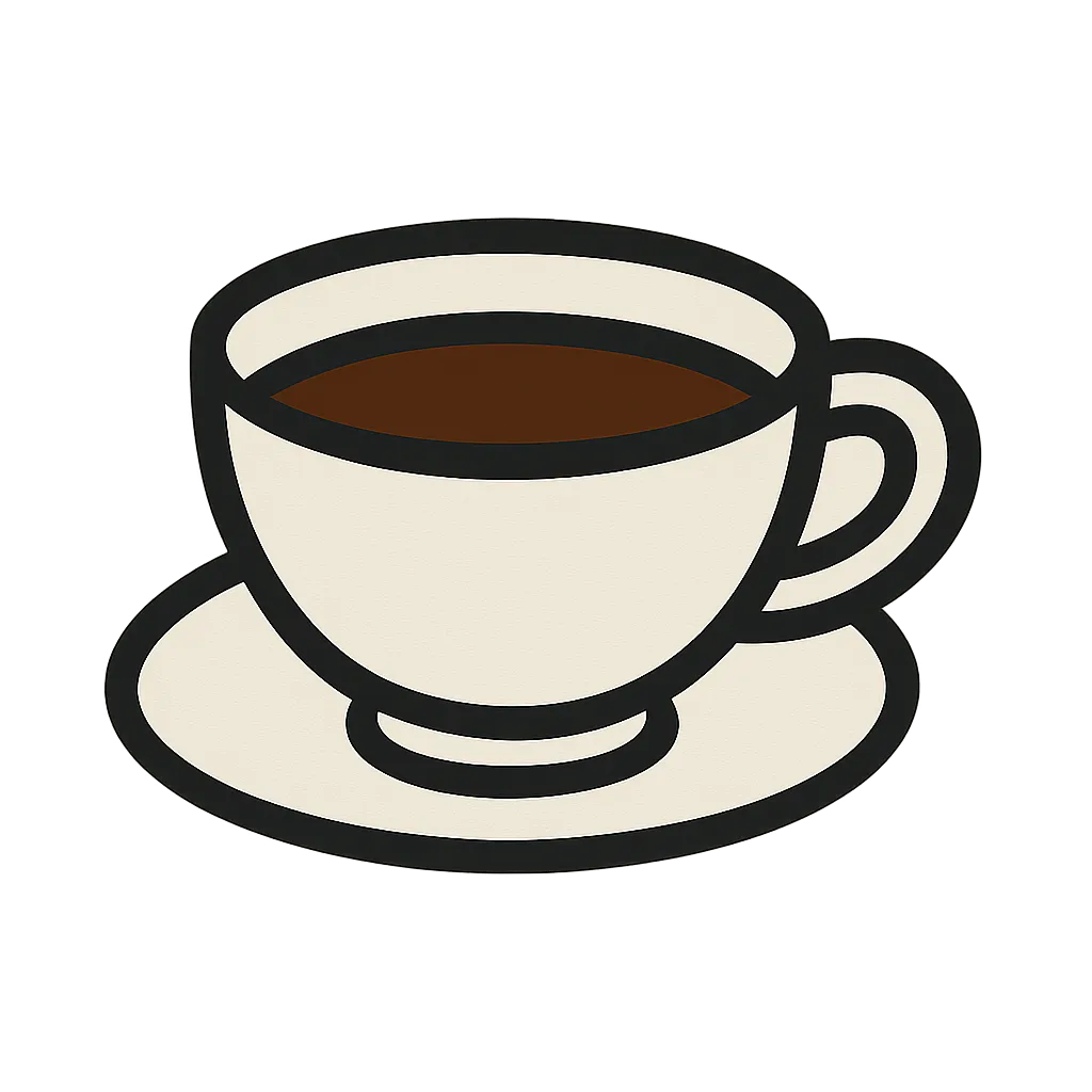 シンプルおしゃれなコーヒーカップ｜白いカップに注がれた濃い茶色のコーヒーが特徴のミニマルなデザイン。黒い太線で描かれた輪郭とシンプルなソーサー付き構成で、カフェ・飲食・朝食素材にぴったりなアイコン風イラスト。