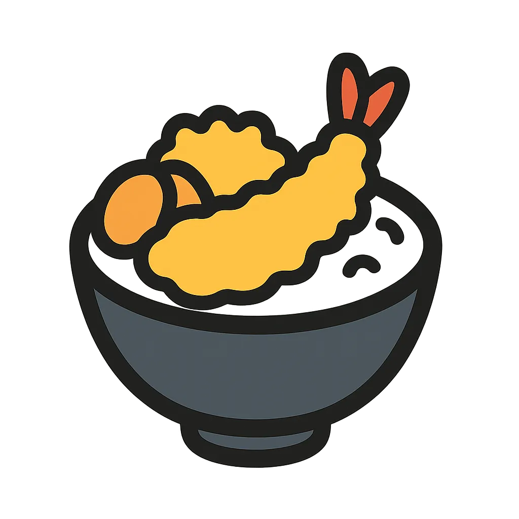 シンプルおしゃれな天丼｜ごはんの上にえび天や野菜天がのった天丼のイラスト。丼ぶりの中に広がる黄色と赤の具材が映え、太い黒線とフラットな配色で和風の食欲を誘うミニマルな一枚。