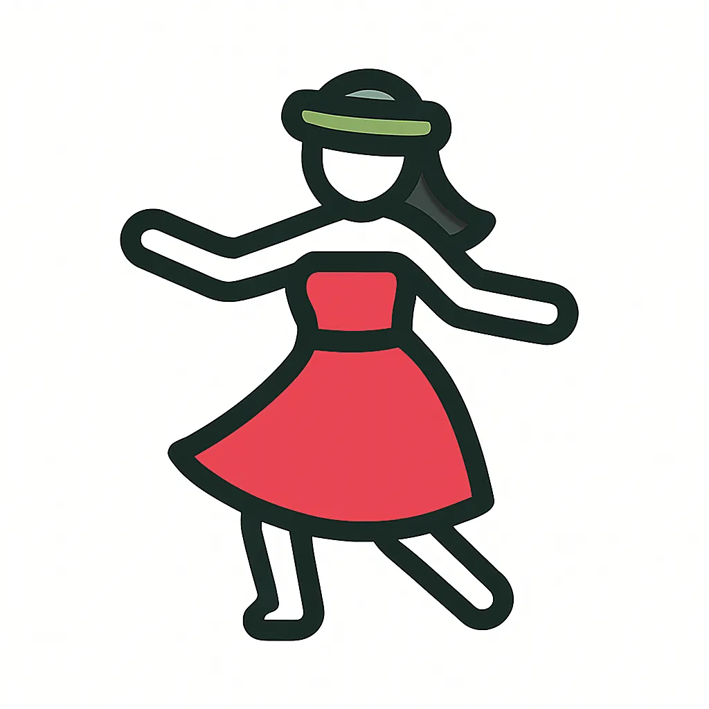 シンプルなフラダンスする人｜スカートを広げて優雅に腕を動かす動作をミニマルに表現した人物アイコン。南国の雰囲気や伝統文化を演出したい場面に適しています。