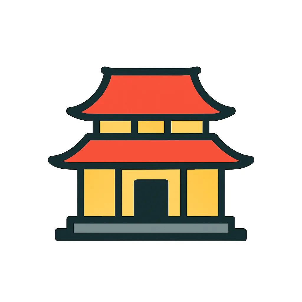 シンプルな寺｜瓦屋根と赤い柱を備えた伝統的な寺のアイコン。和風や仏教、行事や観光の場面で親しまれる日本文化の象徴的モチーフです。