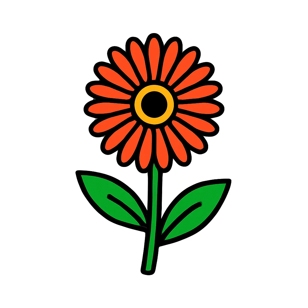 シンプルなツツジ｜ゆるやかな波形の花びらをもつ5弁のツツジの花を中心に、シンプルな葉と茎を加えたアイコン。春の庭園や自然の装飾にぴったりな華やかな図案です。