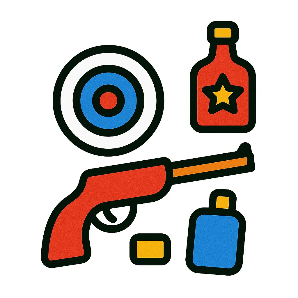 シンプルな射的｜コルク銃と的、景品アイテムを組み合わせた射的遊びのアイコン。夏祭りや縁日、子ども向けイベントの雰囲気づくりにぴったりです。