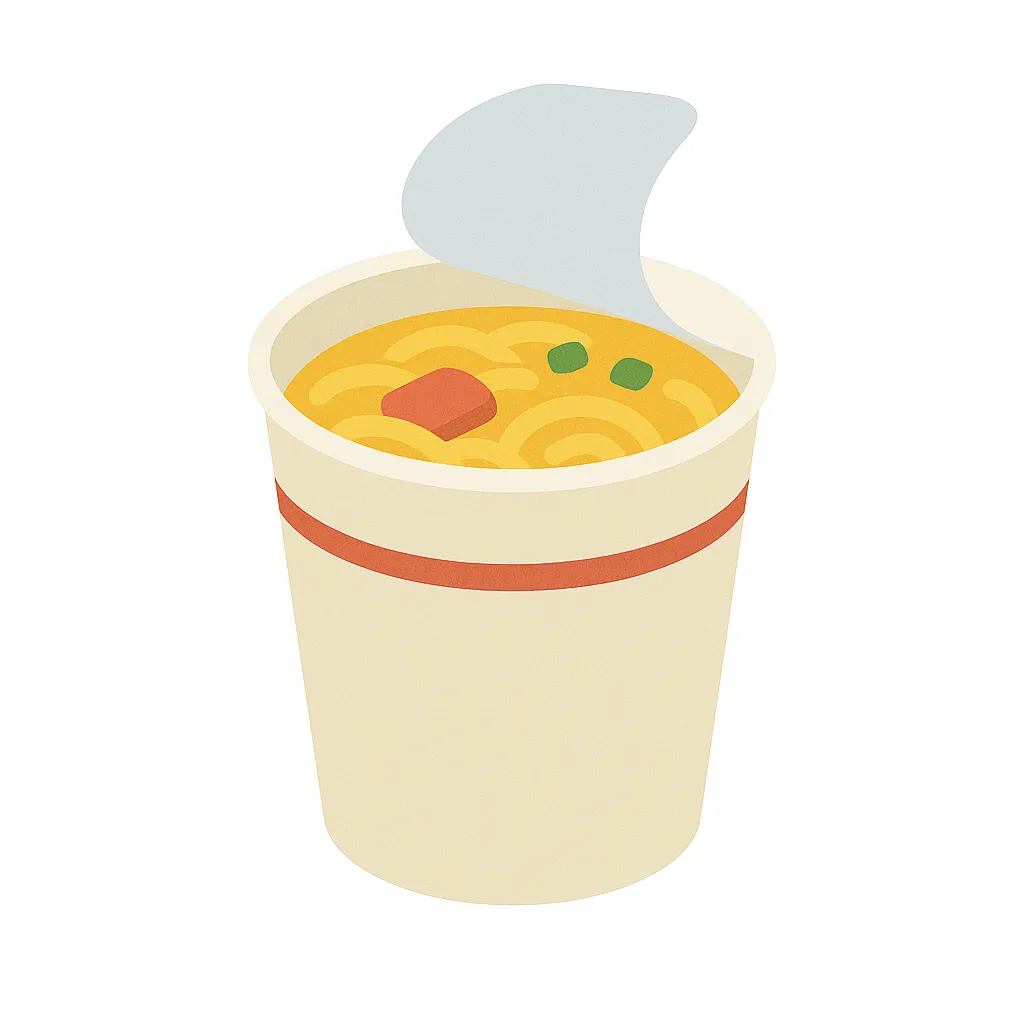 シンプルデザインのカップラーメン｜白背景に調和するカップラーメンを、円柱型の容器と上部の麺・具材で表現。フタを開けたシーンを簡潔に整理し、視認性の高い色面と形で分かりやすさを演出しています。