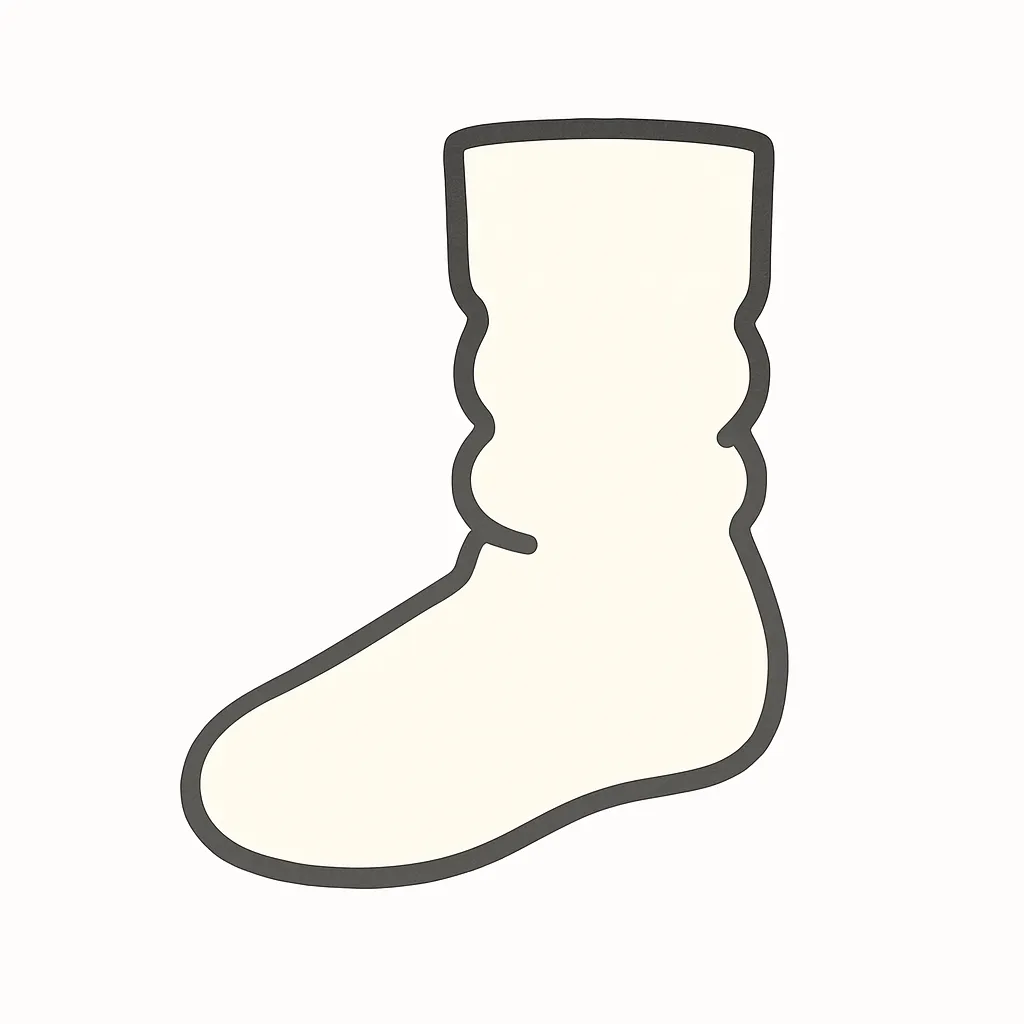 シンプルデザインのルーズソックス｜足首から裾にかけてゆるやかにボリュームを持たせ、下部にたるみがたまる形で構成。明るい白系でまとめ、学生服やダンス衣装を想起させる雰囲気に。厚みとボリューム感を平面的に可視化した図記号的ビジュアルです。