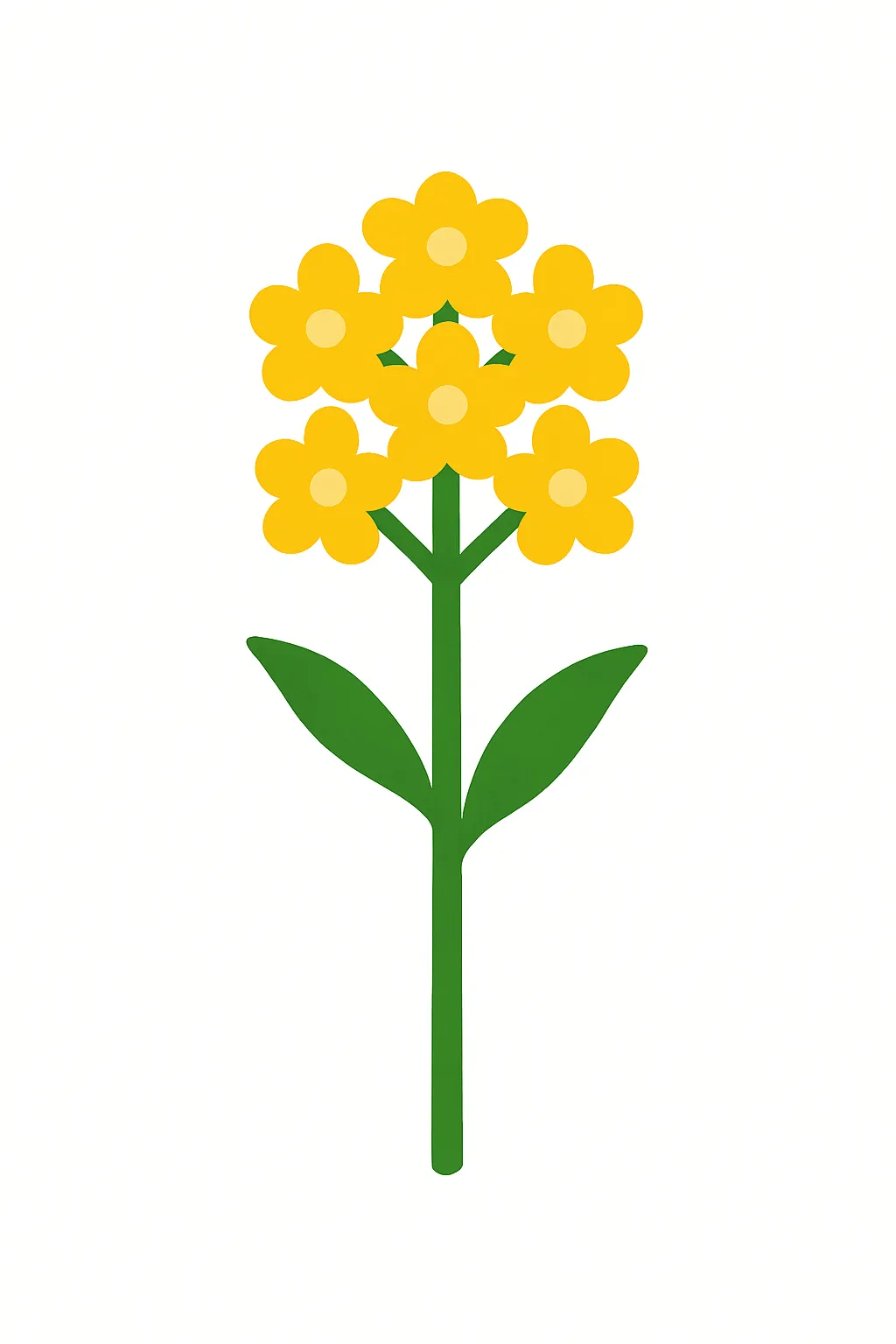 シンプルデザインの菜の花｜小さな黄色の花が複数、縦に集まって咲く様子をまとめた構成です。黄の花と緑の茎で配色を整え、自然で穏やかな春の印象を表現。教材や季節の掲示に適した図記号的スタイルです。