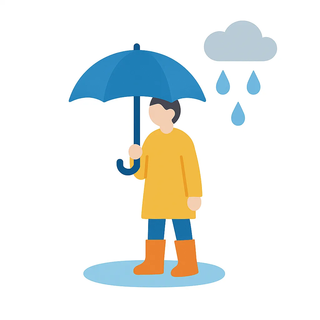 シンプルデザインの梅雨の様子｜傘を差した人物が中央に立ち、足元には水たまりと長靴、空にはしずくを点在させて梅雨の雰囲気を明快に表しました。人物は中腰気味の構えで、傘との位置関係が自然になるよう調整。服・傘・長靴でそれぞれ異なる色を使用しながら、全体では淡色トーンで統一感を出しています。雨季を伝える教材素材や装飾用途に適した構成です。