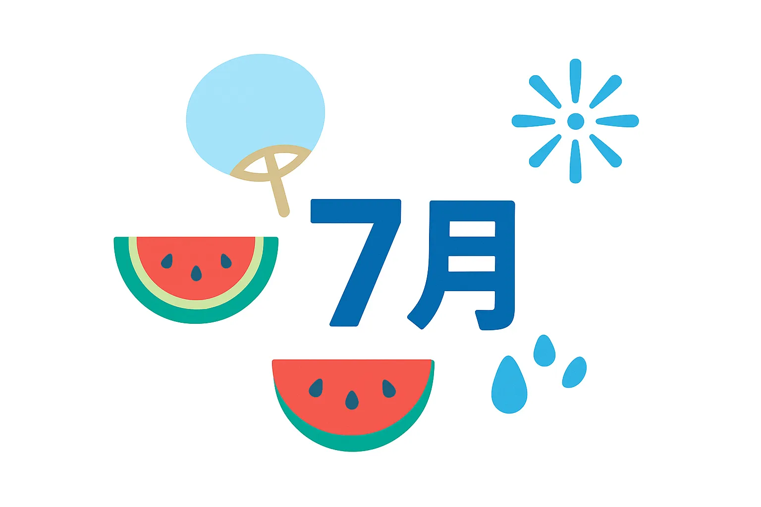 シンプルデザインの7月モチーフと文字｜「7月」の文字を中央に置き、その周囲に夏の定番アイテムであるスイカ、うちわ、花火の簡略アイコンを配置。赤・緑・水色などの明快な配色で、視認性を高めています。すべての要素は輪郭線なしでベタ塗り構成とし、白背景に調和させています。夏らしい軽快さと視覚的なわかりやすさが両立された構成です。